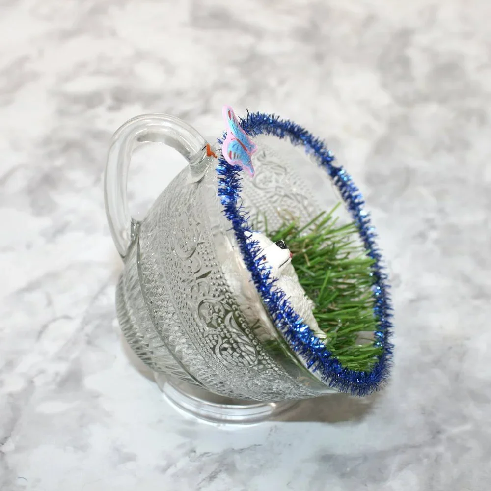 HAND CRAFTED Dog White Spring Decor Ornament Upcycled Cup Grass Animal Pet